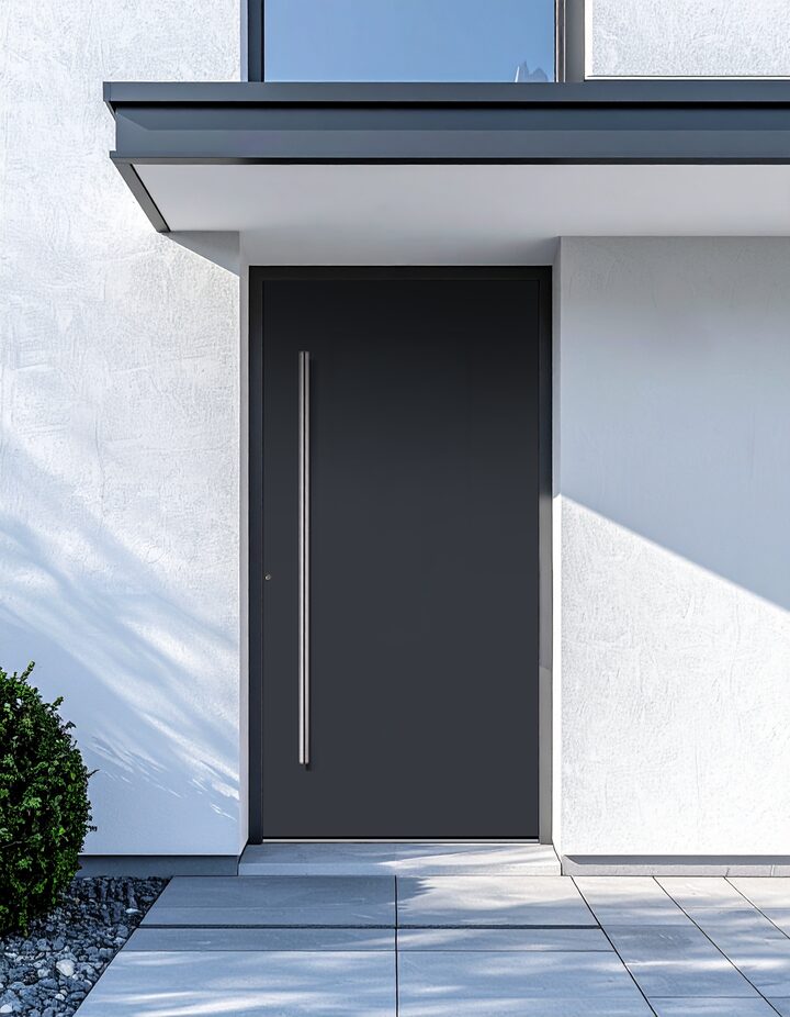 Haustür Modell Pure: anthrazitfarbene Aluminiumtür mit Griffstange, ohne Lichtausschnitt