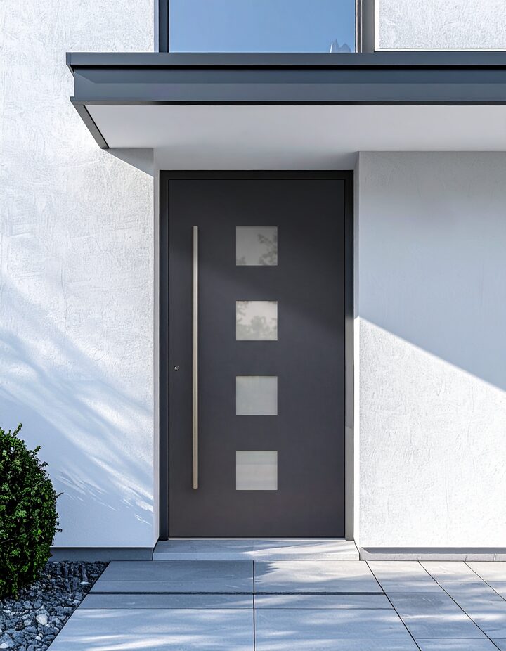 Haustür Modell Square: anthrazitfarbene Aluminiumtür mit vier quadratischen Lichtausschnitten