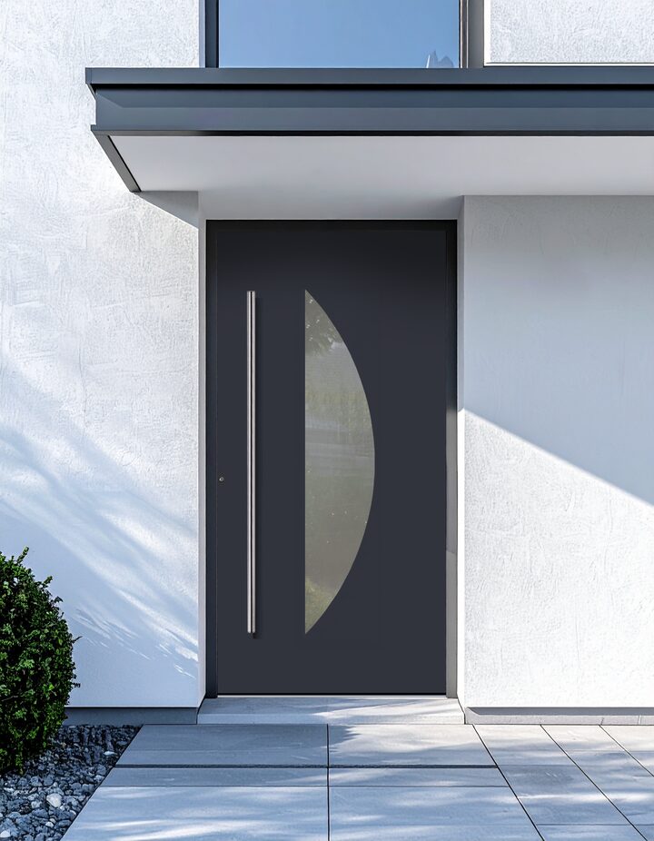 Haustür Modell Wave: anthrazitfarbene Aluminiumtür mit halbrundem Lichtausschnitt