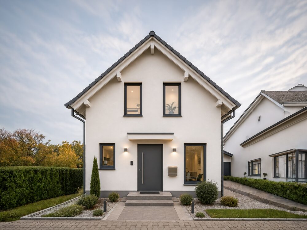 Weißes Wohnhaus mit anthrazitfarbener Haustür, Vordach und Wandleuchten