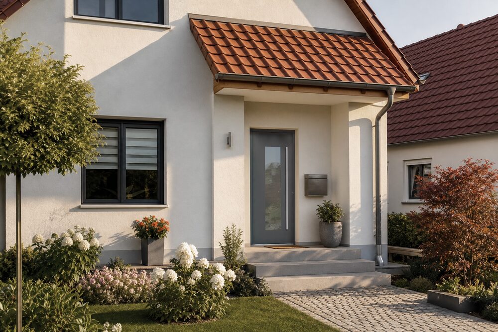 Einfamilienhaus mit anthrazitfarbener Haustür, davor blühende Hortensien