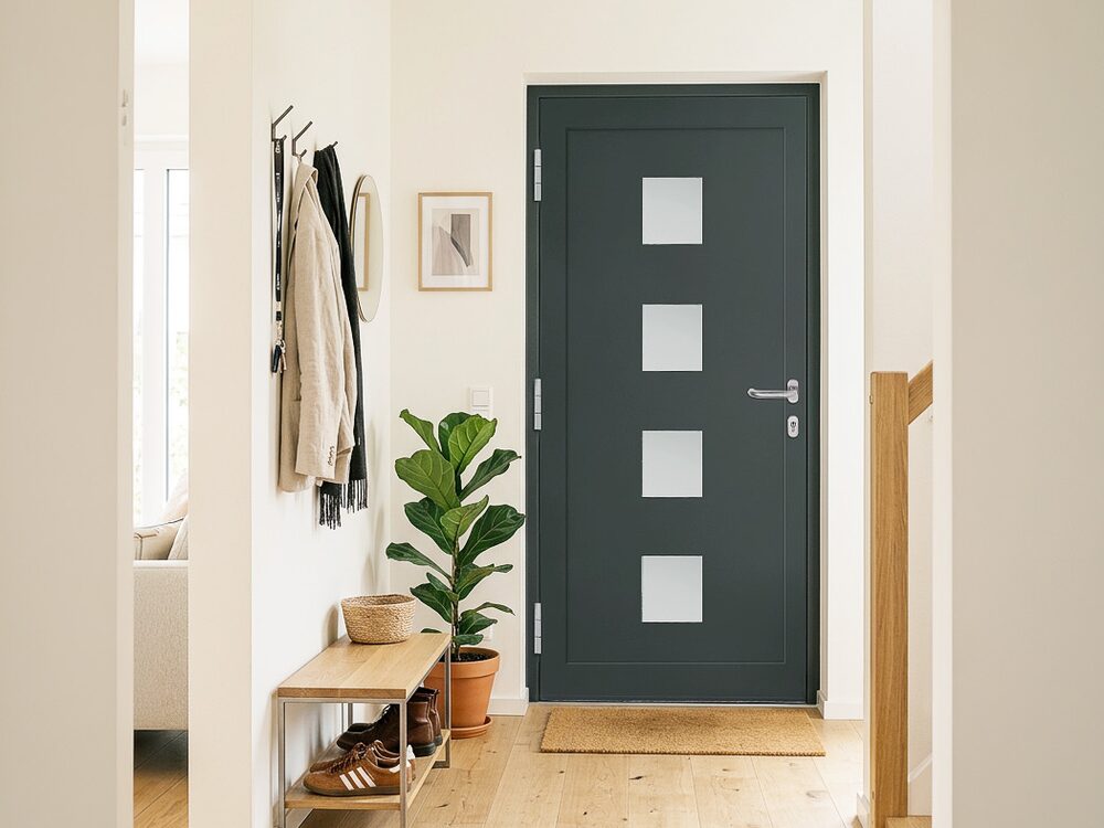 Heller Flur mit Garderobe und Holzboden, am Ende die Haustür Modell Square von innen
